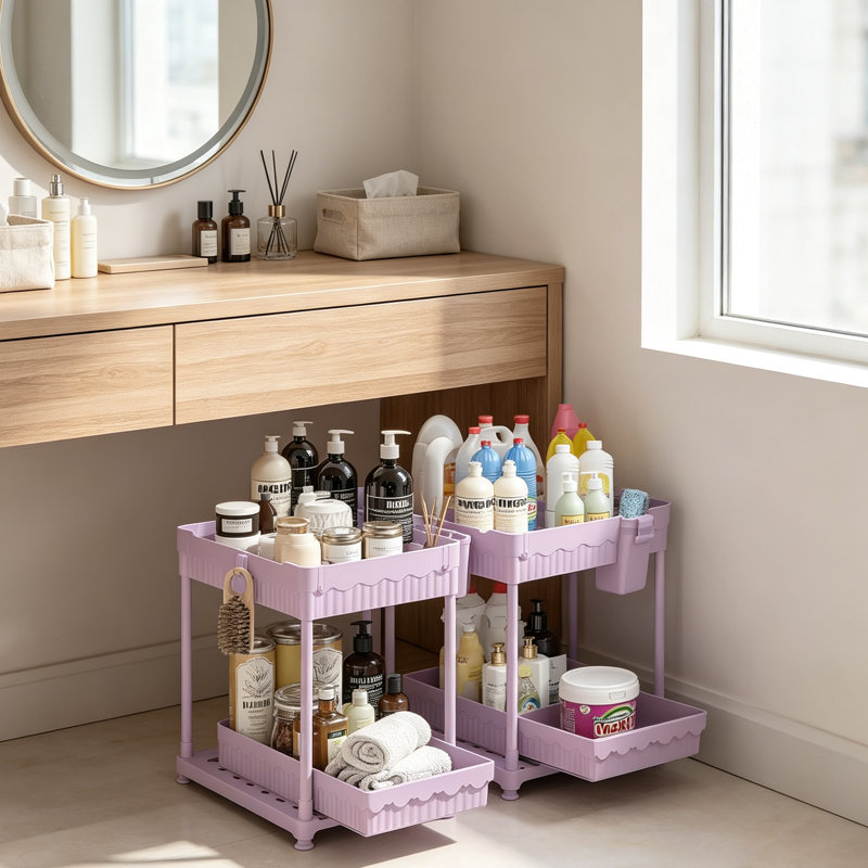 Under Sink Storage Organizer 4-Pack, 2-Tier Slide Out Drawer Cabinet Shelf with Hooks