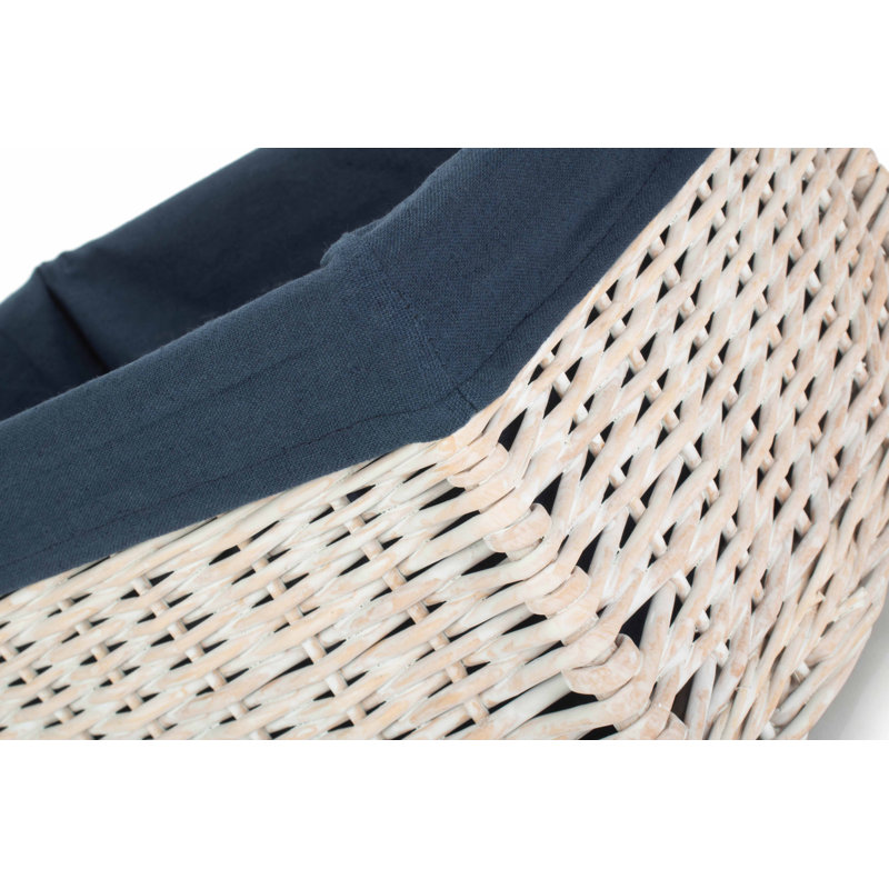 Lily Manor Wicker Storage Basket with Lining , 21cm H x 43cm W x 30cm D, White Wash/Navy