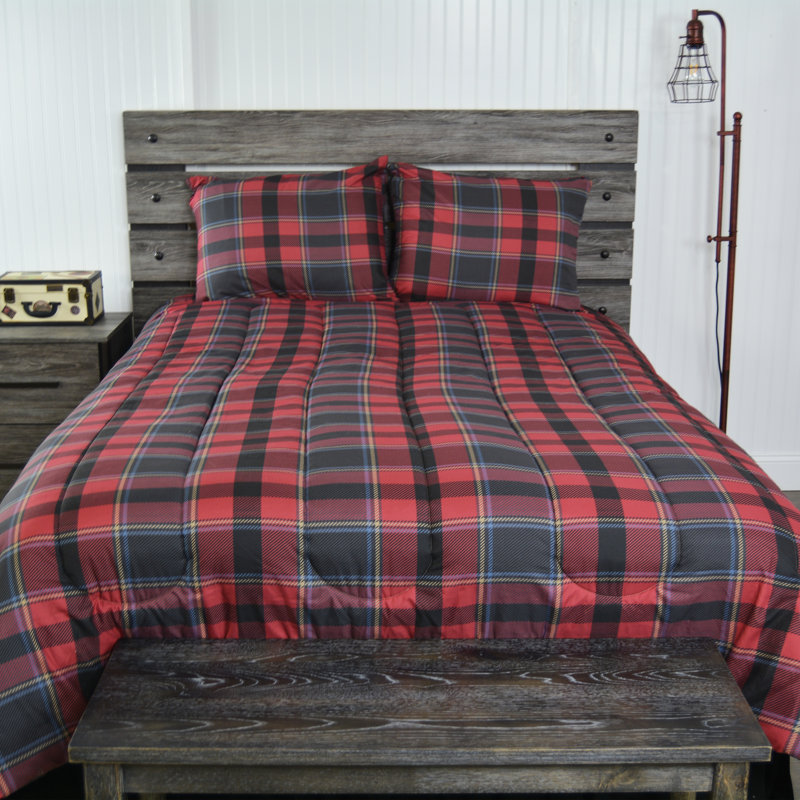 Queen Red Plaid Microfiber Reversible Comforter Set