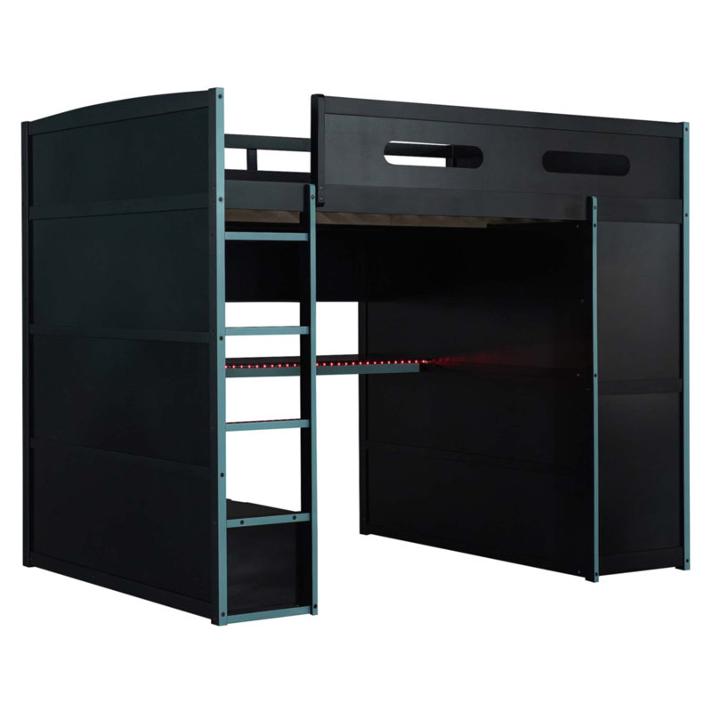 Lit mezzanine double en bois avec bureau, Bleu