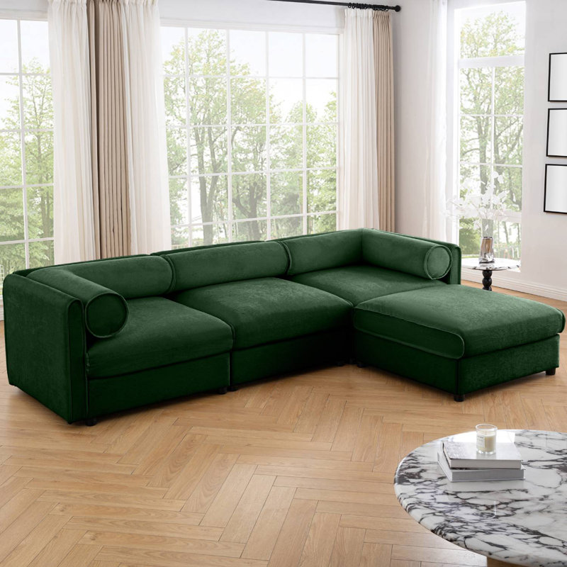 L-Shaped Upholstered Modular Sectional With Storage Ottoman, Green Chenille