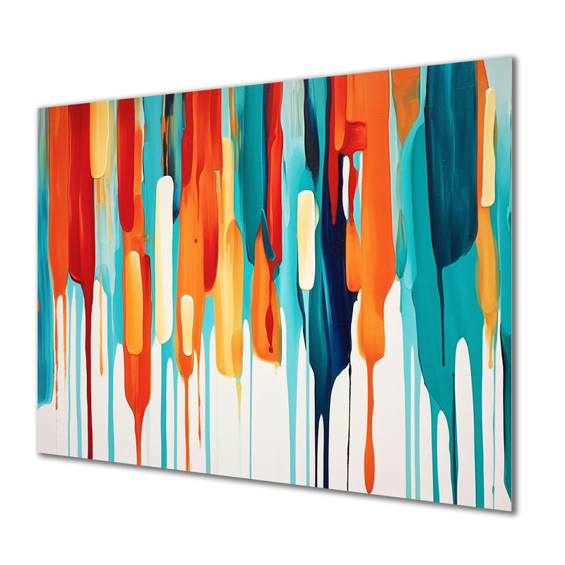 «Vertical Paints Drippings Red Blue Orange», reproduction d'art murale abstraite, H 30 po x l 40 po, Métal métal