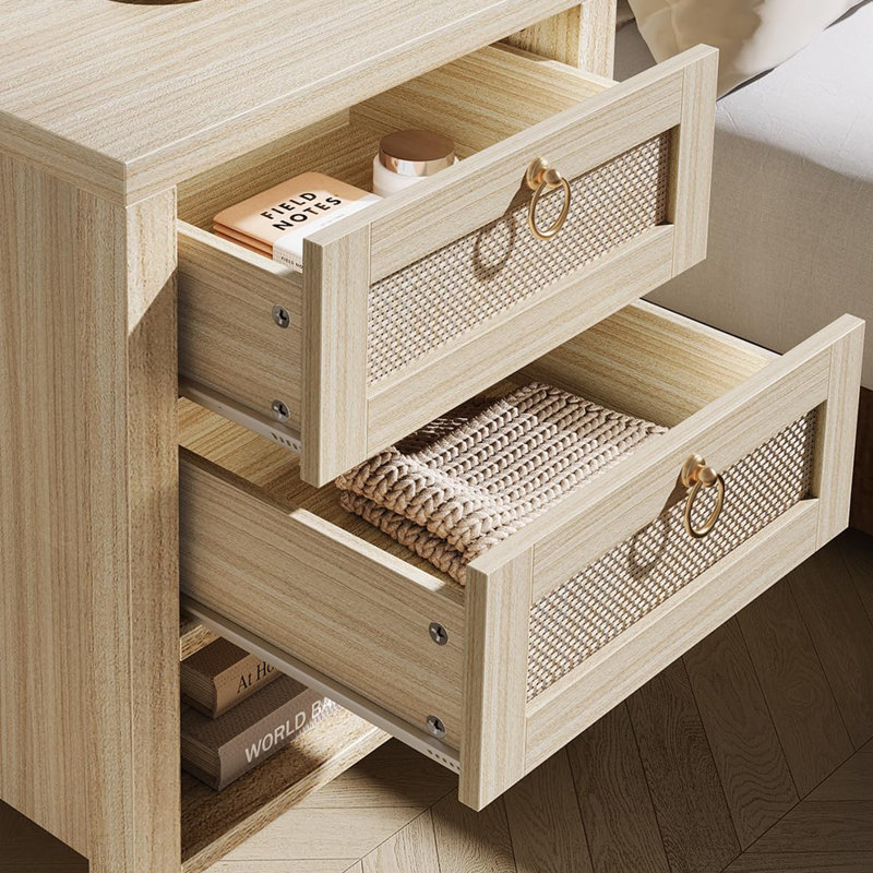 17.5" Rattan Nightstand With Charging Station - 2-Drawer Boho Bedside Table With 2 USB & 2 AC Outlets - Wood End Table With Golden Hardware - White Oak