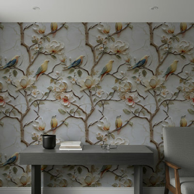 Floral Wallpaper Birds Vintage Decorative Mural
