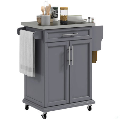 Kitchen Island On Wheels, Rolling Kitchen Cart With Stainless Steel Countertop, Drawer, Towel Rack And Spice Rack, Utility Storage Trolley