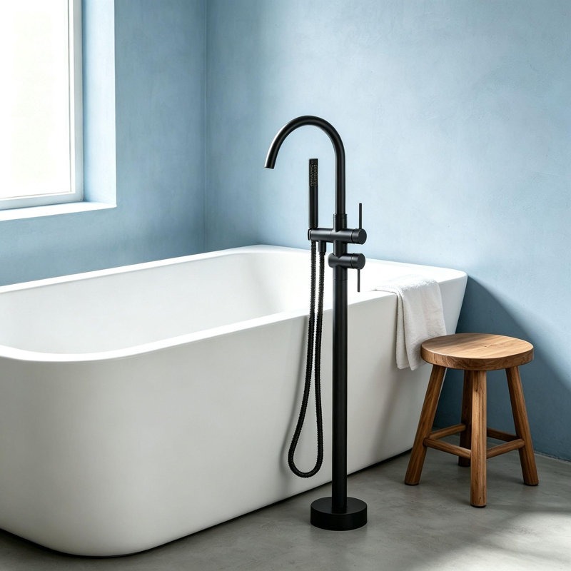 Robinet de baignoire à fixation au sol avec pomme de douche à main Topcraft, Noir mat