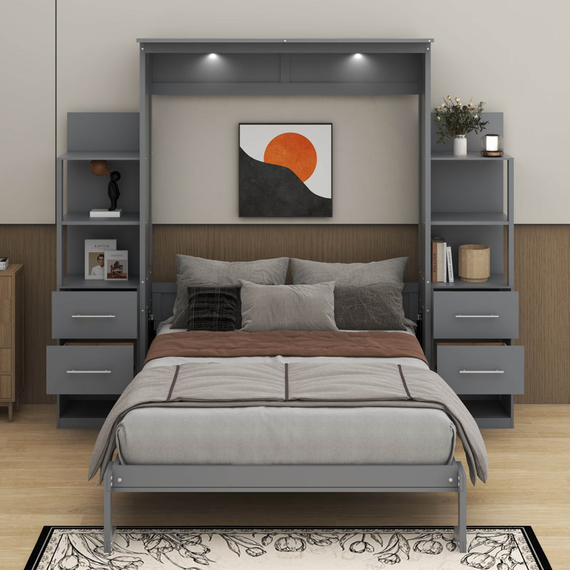 Lit escamotable double avec tablettes, tiroirs et DEL, Grey