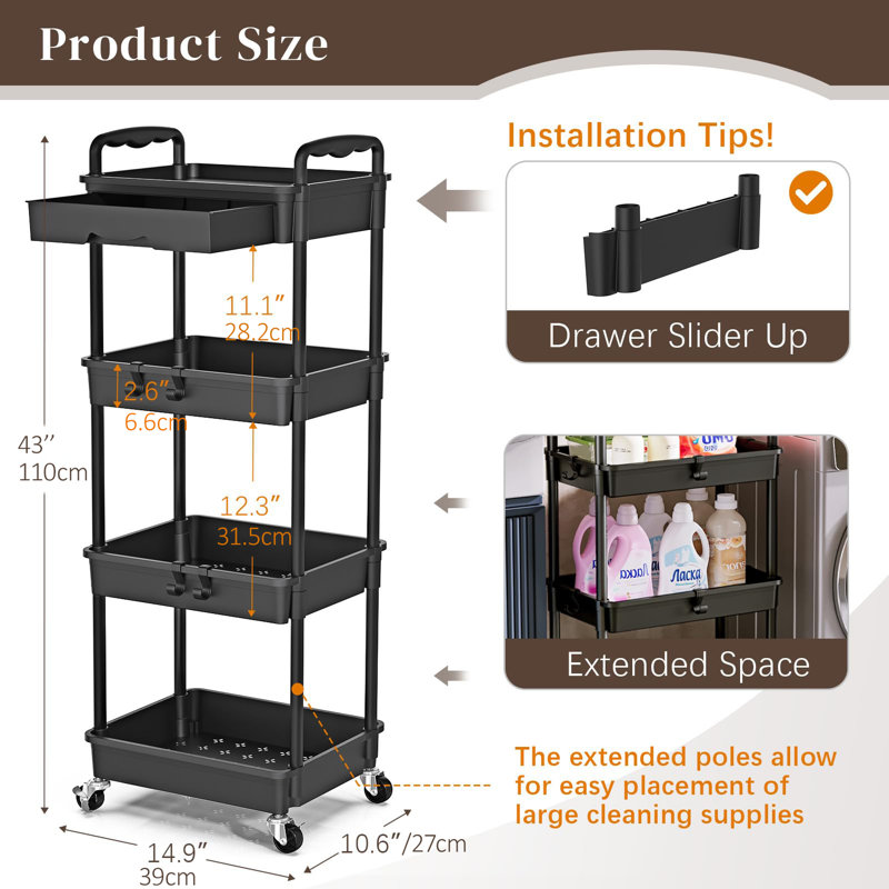 4-Tier Rolling Multi-Purpose Trolley With Drawers,Practical & Versatile Storage Trolley With Plastic Shelves & Lockable Wheels