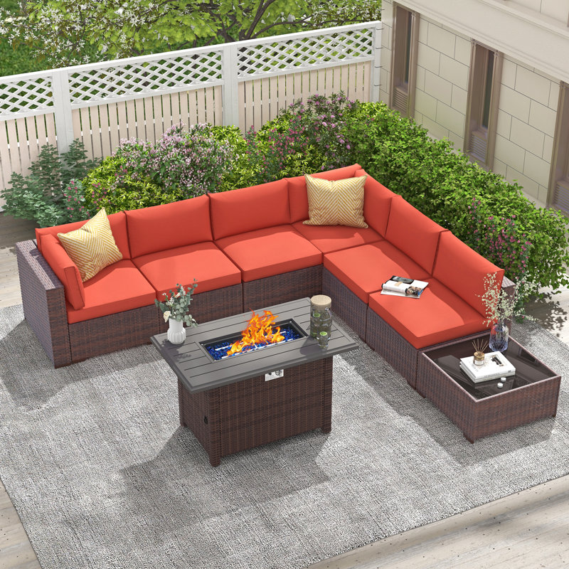 Caydin 6-Person Modular Sectional Seating Group with Fire Pit Table, Brown Frame/Orange Cushion, 12.6"H x 25.6"L x 25.6"W 