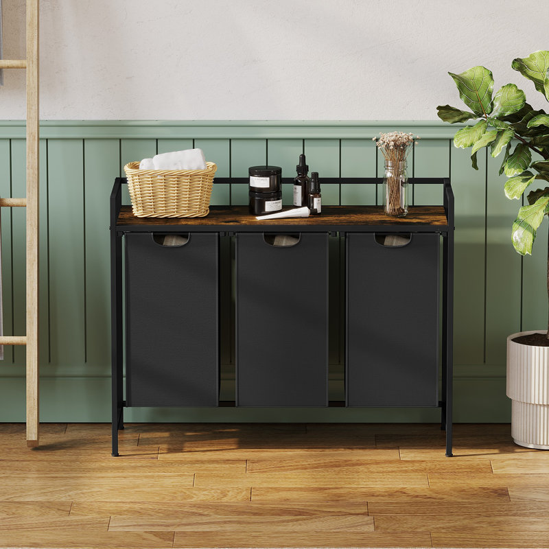 Table de tri du linge à 3 sacs, station de tri avec paniers en tissu amovibles et plateau en bois, organisateur de paniers à linge industriel pour buanderie, salle de bain, vestibule