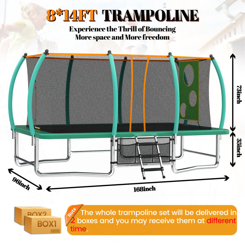 Long trampoline rectangulaire carré pour enfants adultes 8 x 14 pi, Green