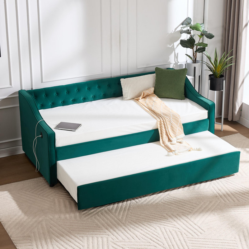 Twin Size Upholstered Daybed With Trundle,USB Port ,Side Pockets,Velvet Daybed With Button On Back And Piping On Waved Shape Arms