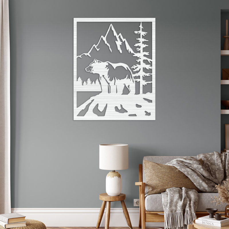 Art mural carré avec montagnes, arbres et ours - ACM, H 32 po x l 25,3 po x P 0,25 po, Noir