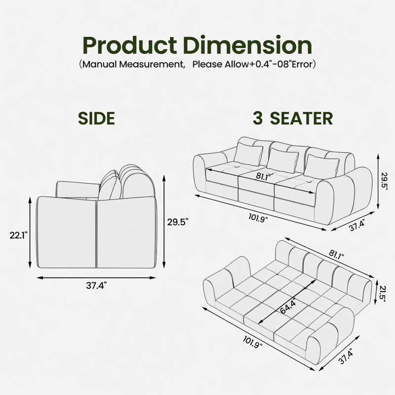 Boneless 102"Compression Boneless Sofa, Convertible Folding Cloud Couch, Soft Chenille, No Assembly Required, Black