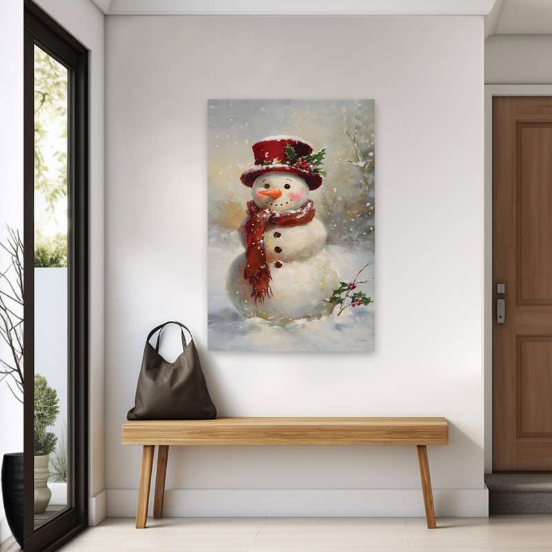 Snow Mandy - bonhomme de neige contemporain, chapeau rouge, feuilles de houx, art, H 40 po x l 60 po