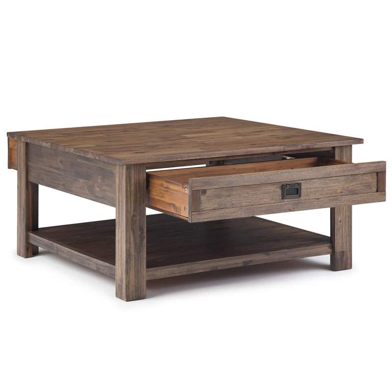 Farmhouse Gray 38" Square Acacia Wood Coffee Table with Storage