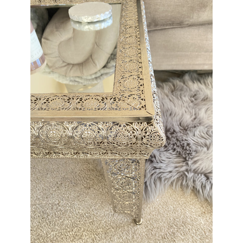 Carlyse Embossed Metal & Glass Moroccan Style Side Table , Silver