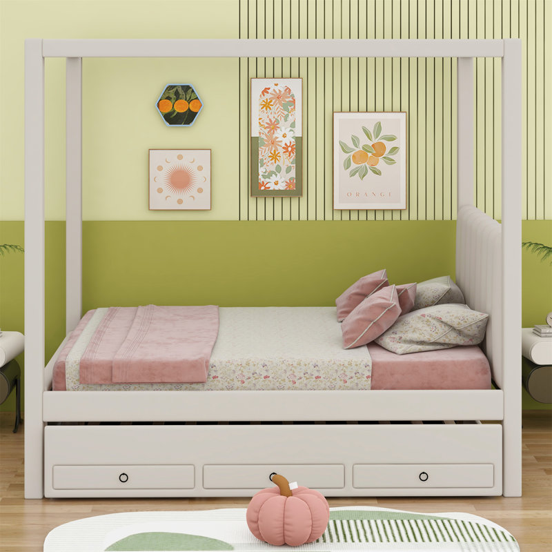 Lit à baldaquin avec rangement Mazion, Beige, Double