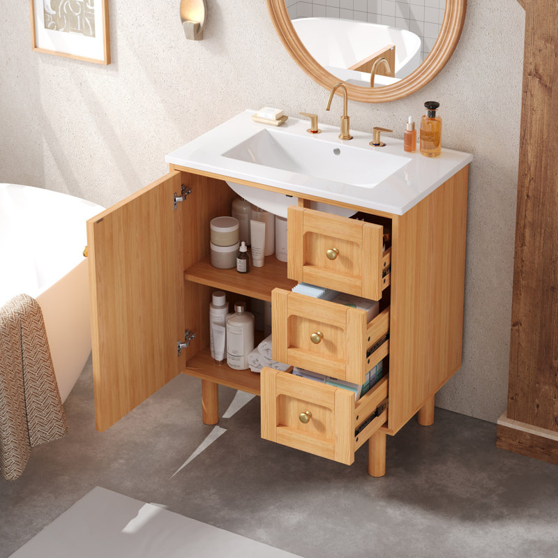 Meuble-lavabo de ferme 30 po avec lavabo en céramique et tiroirs à fermeture en douceur | Idée de cadeau