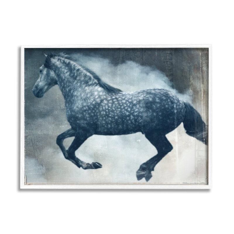 «Blue Galloper Horse», encadré sur bois par Susan Friedman, peinture, H 16 po x l 20 po x P 1,5 po, Cadre blanc
