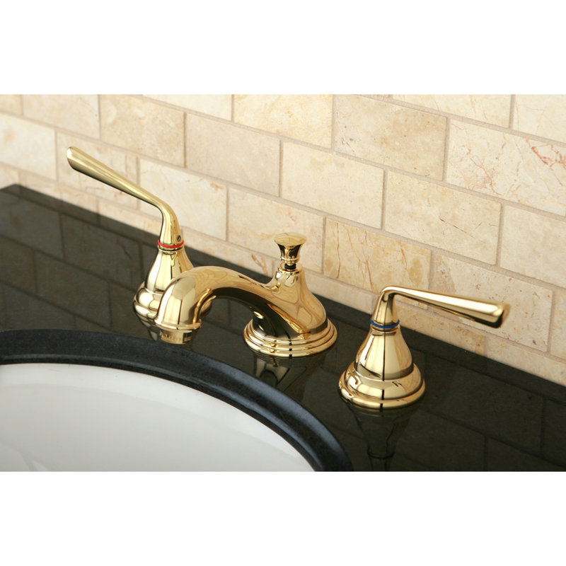 Kingston Brass Silver Sage Two-Handle 3-Hole Deck Mount Widespread Bathroom Faucet with Brass Pop-Up Drain, Polished Brass