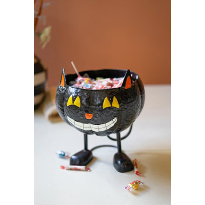 PAINTED METAL BLACK CAT CANDY BOWL
