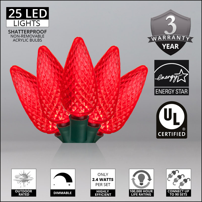 C9 LED Christmas String Light, Red, 17' L, 25