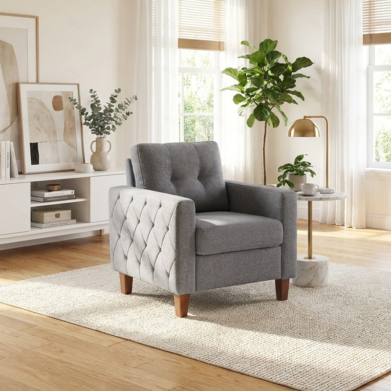 Fauteuil rembourré capitonné avec accoudoirs à boutons carrés et garniture carrée en tissu de polyester, Dark Grey