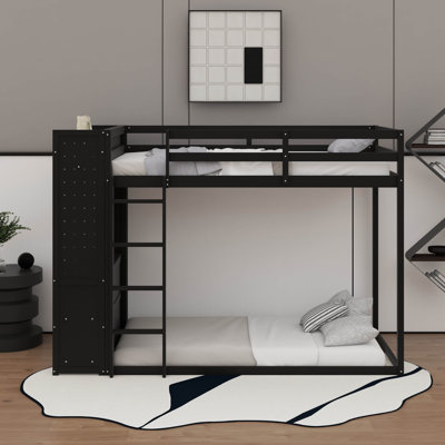 Wood Bunk Bed With Built-In Wardrobe & 4 Storage Drawers, Integrated Light Strip & Pegboard Organizer