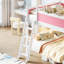 Lit superposé double au-dessus de double avec tablettes de rangement, lit superposé pour enfants en bois massif avec glissière et échelle, profil bas, rose et blanc-1910242971