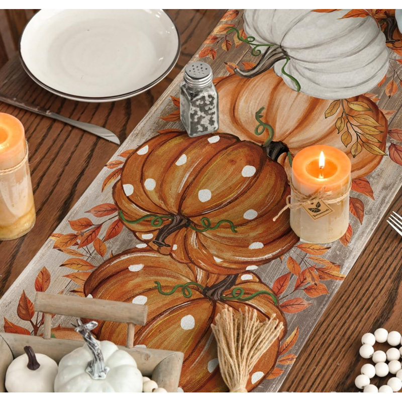 Orange Pumpkins Leaves Woods Autumn Table Runner 40x140 cm | Seasonal Fall Kitchen Dining Table Decoration for Home Party Decor