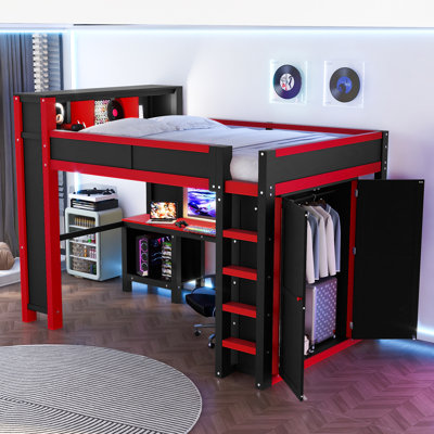 Queen Loft Bed with Wardrobe and Desk, Wooden Space-Saving Bed Frame, Headboard Storage & USB Charging, Red and Black