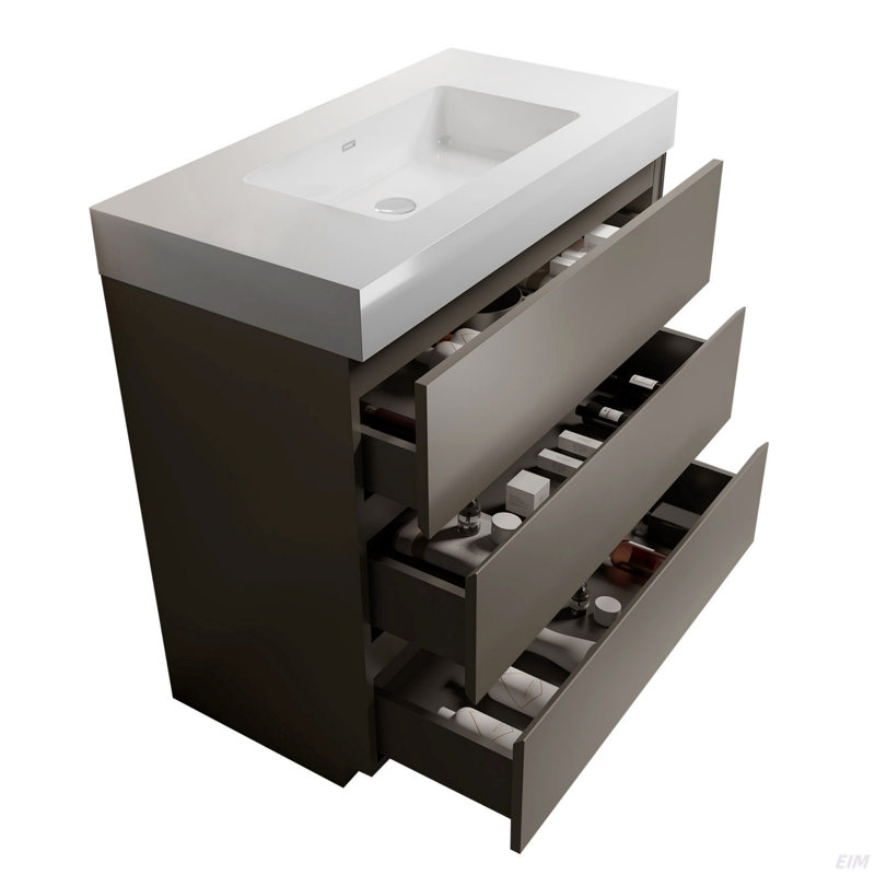 Meuble-lavabo sur pied 36 po avec évier, grand meuble-lavabo autoportant avec rangement, lavabo blanc une pièce sans drain ni robinet, pré-assemblé