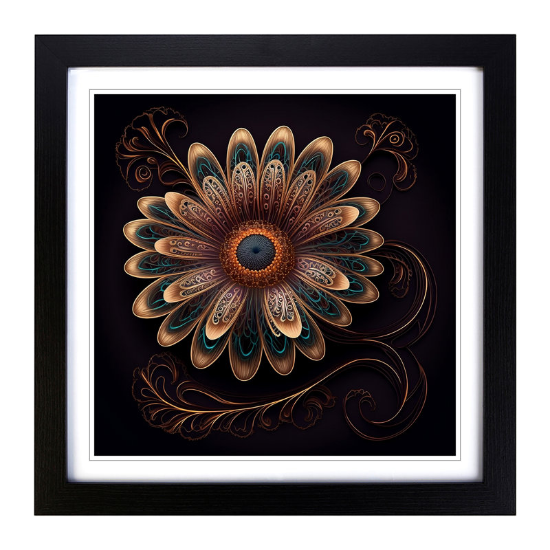 Daisy Ornamental Art No.1 - Single Picture Frame Print on Wood, Black