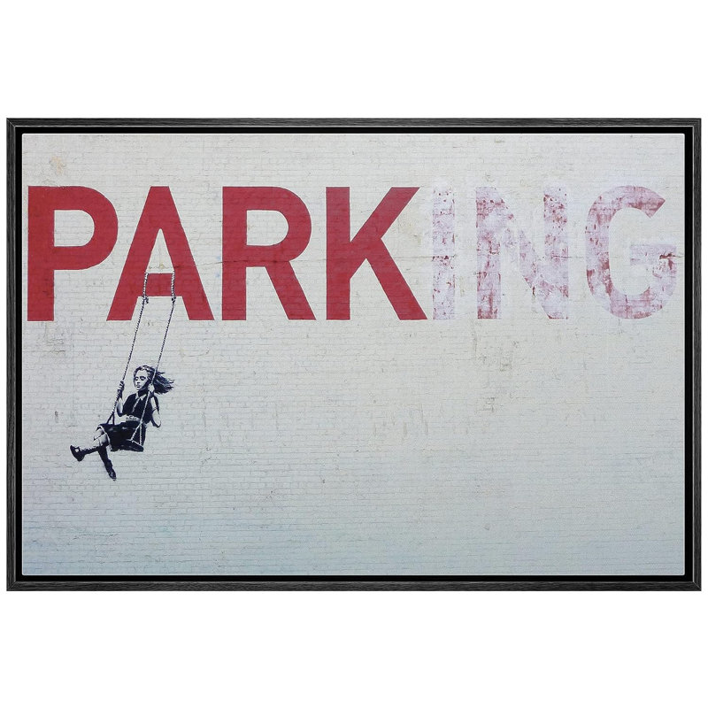 Pop Urban Street " Banksy Little Girl On Swing Below Parking Sign ", 16" H x 24" W x 1.5" D, Black Floater Framed