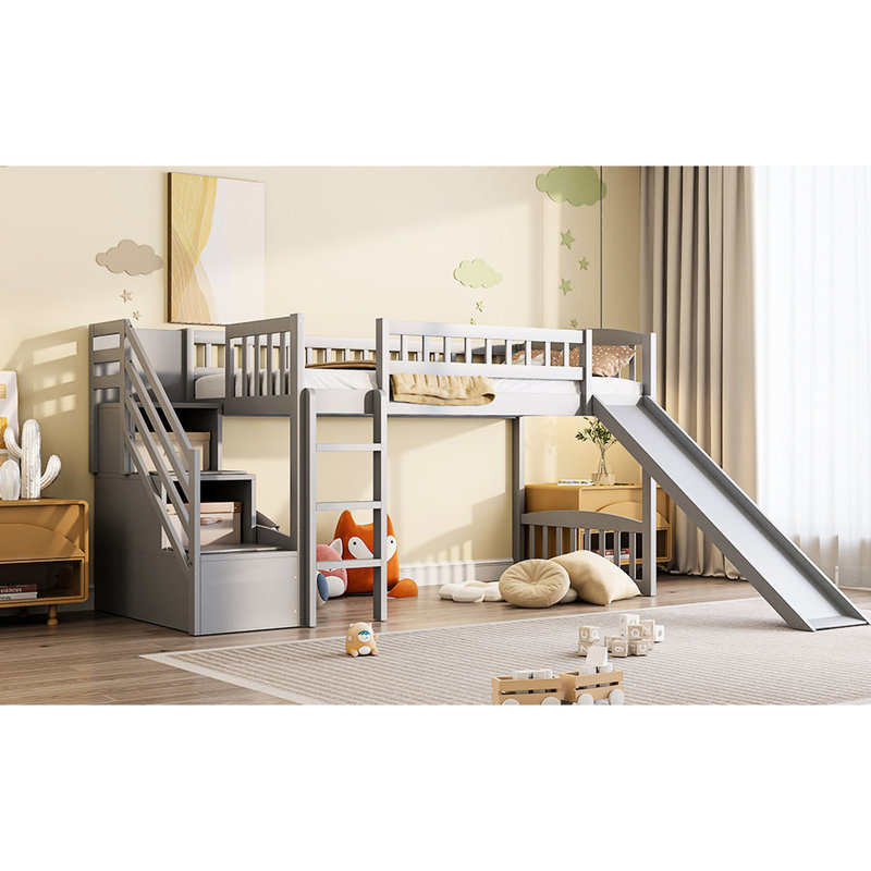 Lit mezzanine simple gris avec escalier, deux tiroirs, glissoire, bois de pin, garde-corps pleine longueur, convient pour un lit de taille 6 avec tiroirs et construction solide, espace convertible maximisé dans la chambre à coucher