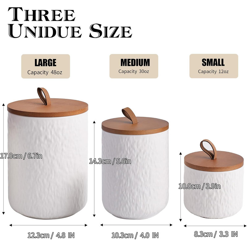 Ensemble de 3 pots en céramique blanc pierre avec couvercle en bois