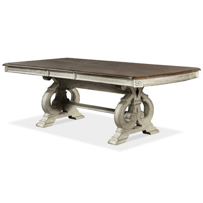 Antique White Solid Wood 1pc Dining Table With 18" Expandable Leaf, Trestle Base, Rectangular Shape, Intricate Inlay, Rustic Style, For 8 People In Ar
