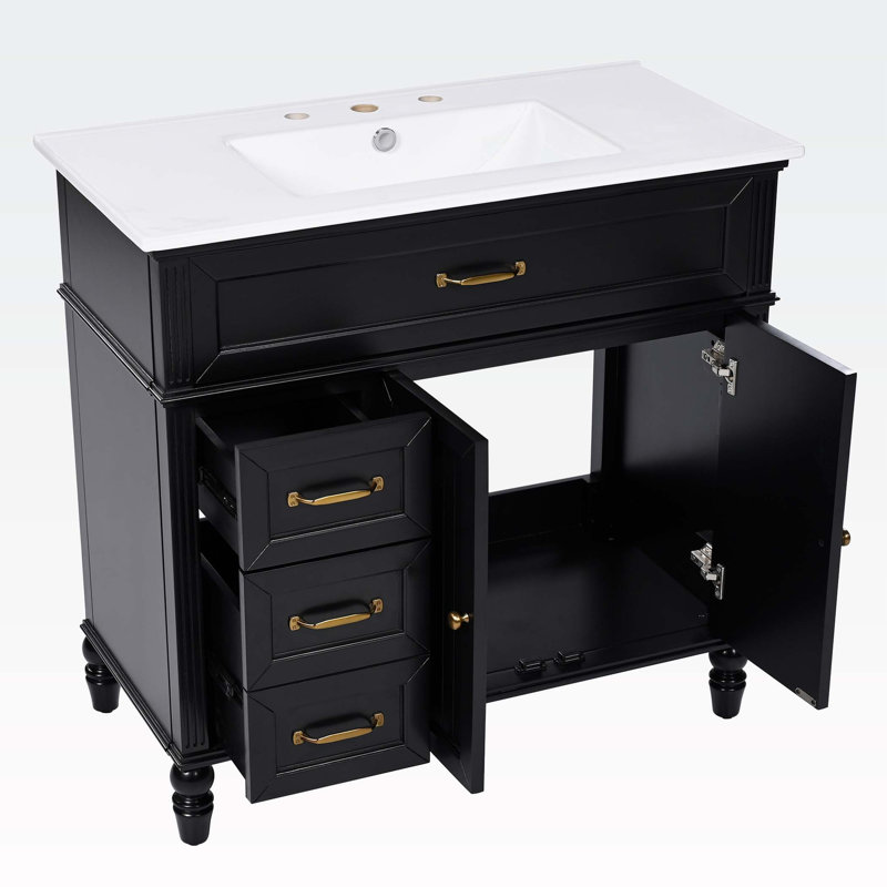 Armoire de salle de bain avec tiroirs, avec lavabo, Noir, noir, noir, noir