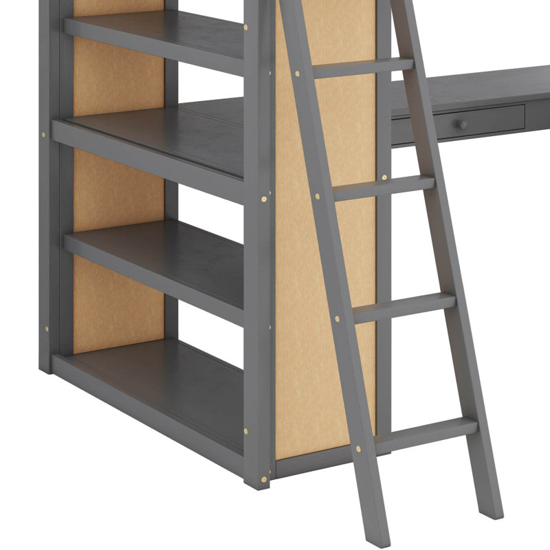 Lit mezzanine double avec tablettes et bureau