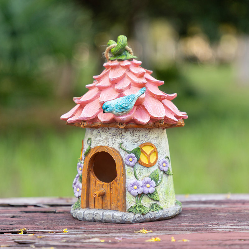 9"H Garden Resin Birdhouse with Roof,Pink, Pink
