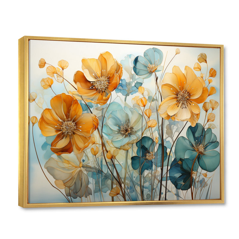 «Teal Orange Botanical Fragments I - Abstract Botanicals», art encadré, Cadre flottant doré, H 34 po x l 44 po x P 1,5 po