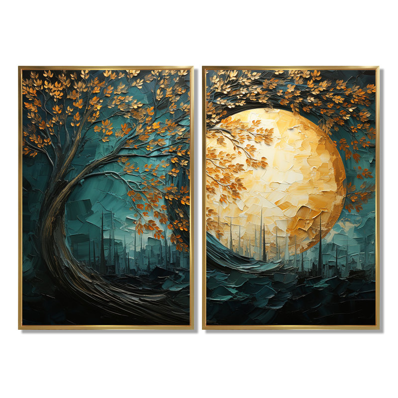 Golden Emerald Forest I - impressions sur toile modernes à 2 panneaux, 36" H x 48" W, Impression encadrée flottante, Gold