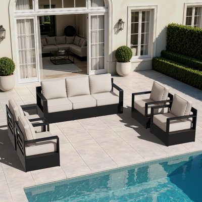 Abdullah 5-Piece Aluminum Outdoor Patio Furniture Set with Sofa & 4 Armchairs, Beige Cushion