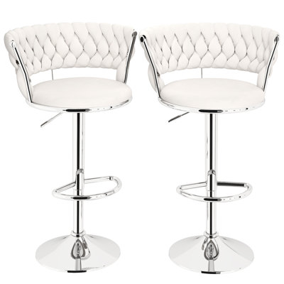 2 ensembles de chaises de bar blanches: dossier en forme de coquille évidé, revêtement en velours rembourré d'éponge douce, hauteur réglable, rotation à 360 degrés, base circulaire solide évidée