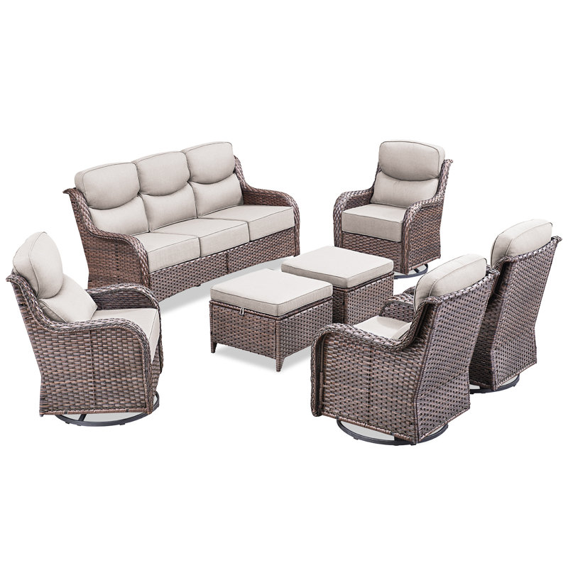 Ensemble de conversation d'extérieur en osier 7 pièces avec 4 fauteuils pivotants et repose-pieds Meriline, Beige, Brun