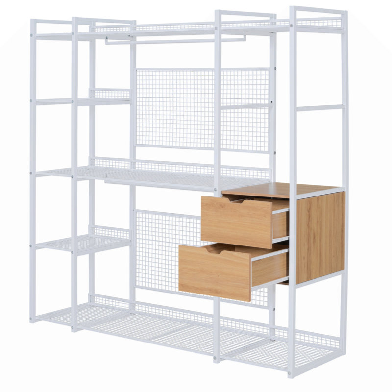 Open- Wardrobe With Hanging Rails, Shelves And Drawers,, White