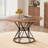 A circular dining table with a diameter of 47.3 inches, featuring 4 walnut wood grain MDF tabletops, hourglass shaped metal brackets, and a modern industrial style dining table for 4-6 people.