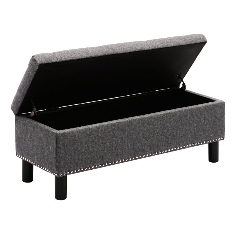 Banc de rangement avec repose-pieds avec pieds en bois, banc de chambre rembourré avec capitonnage à boutons, banc de rangement avec éponge résiliente haute densité pour chambre à coucher, lin