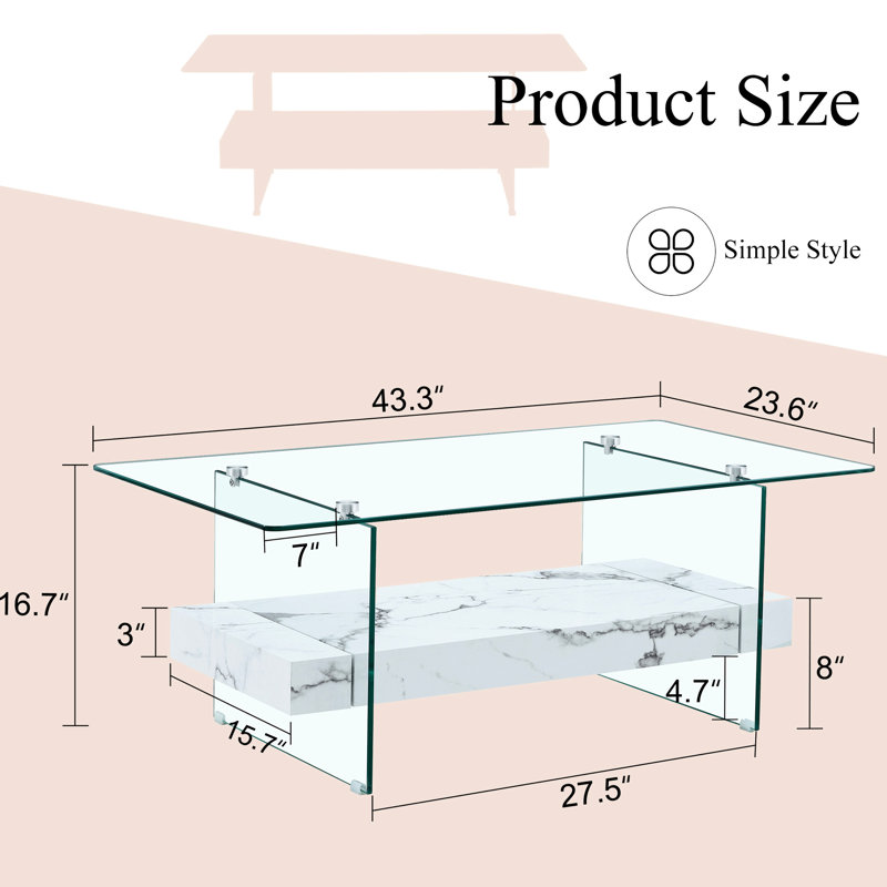 Table basse à deux couches, verre transparent et motif en marbre blanc, espace de rangement généreux, table à pieds trempés stables de 43,3 po - moderne et en marbre, idéale pour organiser des articles
